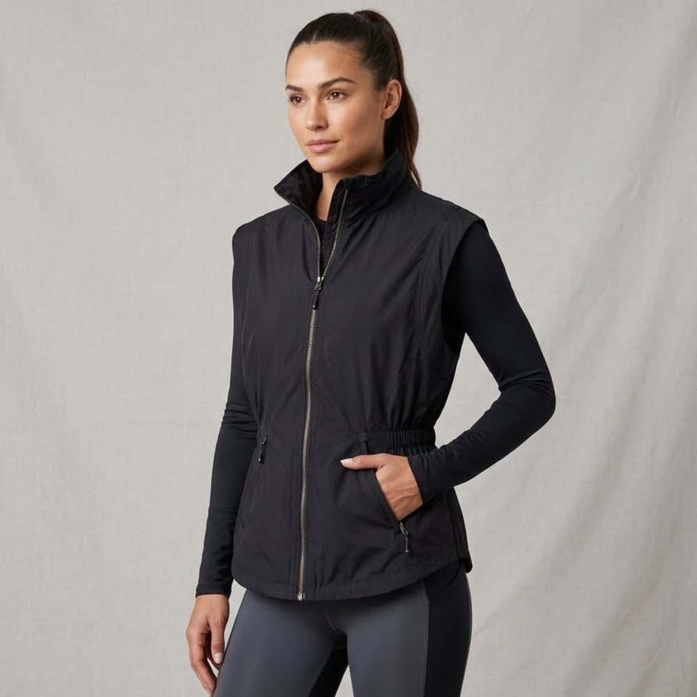 Sunice Womens L Black Sleeveless Full Zip Golf Vest Drawstring Waist Windbreak
